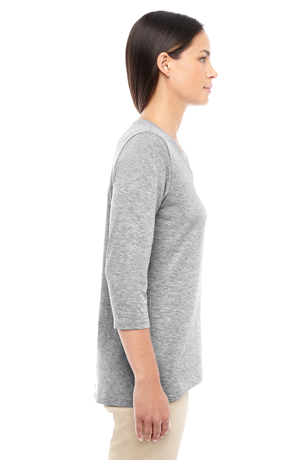 Devon & Jones DP184W Womens Perfect Fit 3/4 Sleeve V-Neck T-Shirt Heather Grey Side