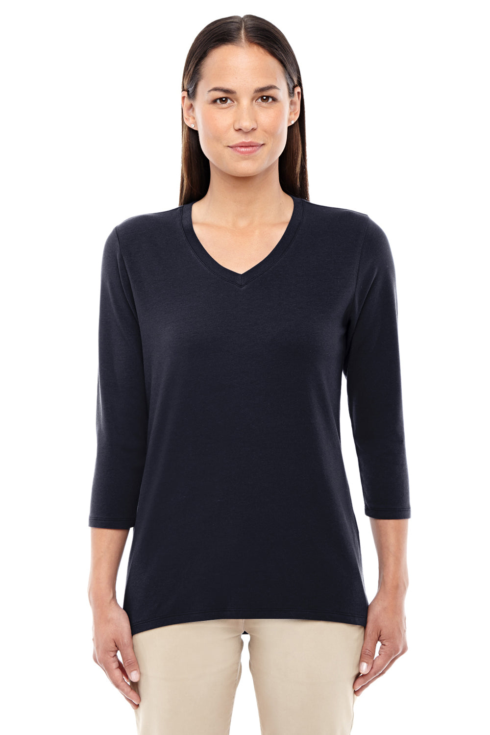 Devon & Jones DP184W Womens Perfect Fit 3/4 Sleeve V-Neck T-Shirt Black Front