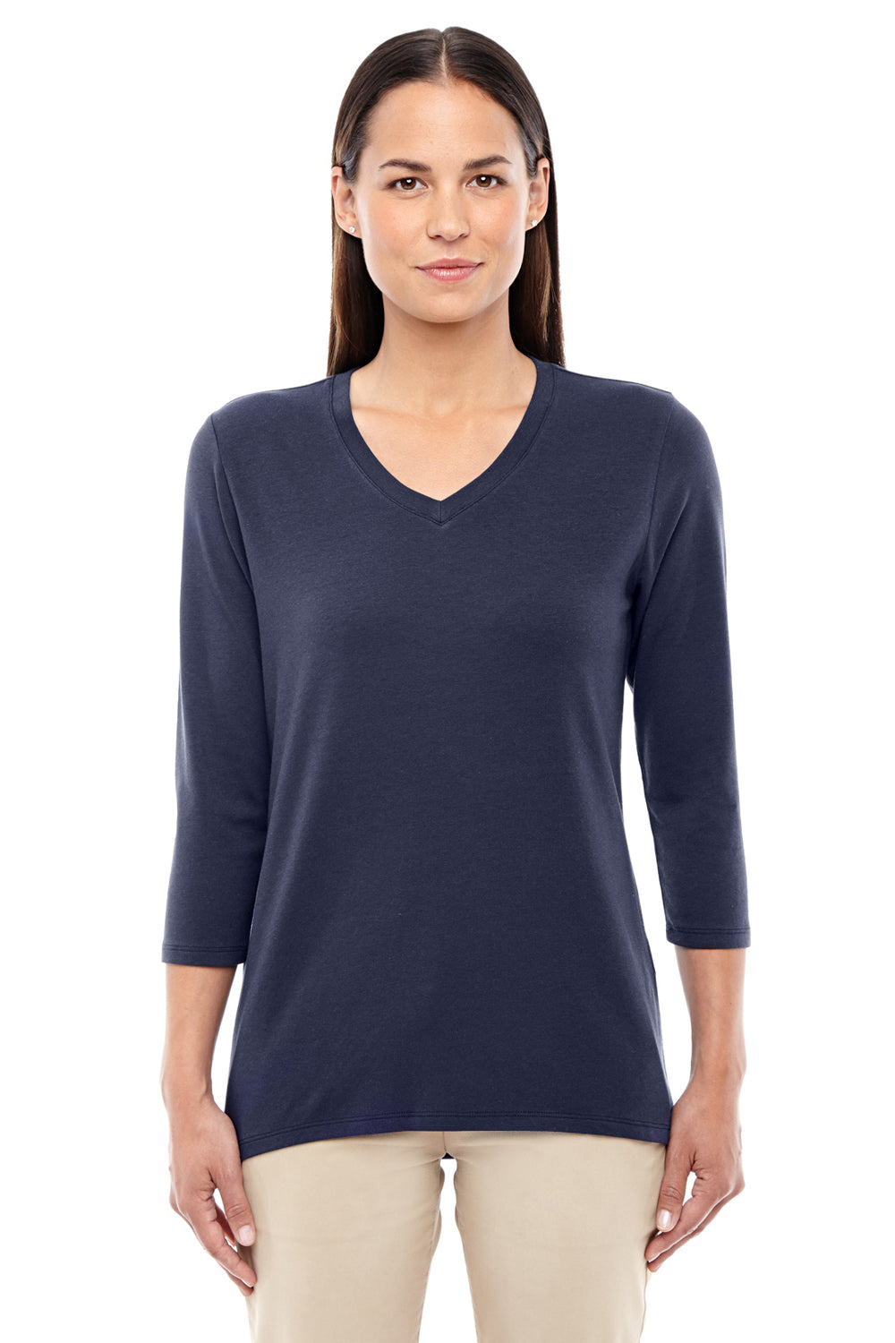 Devon & Jones DP184W Womens Perfect Fit 3/4 Sleeve V-Neck T-Shirt Navy Blue Front