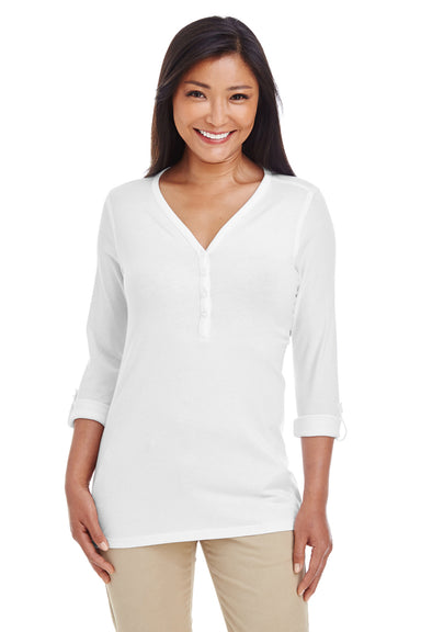Devon & Jones DP186W Womens Perfect Fit Long Sleeve V-Neck T-Shirt White Front