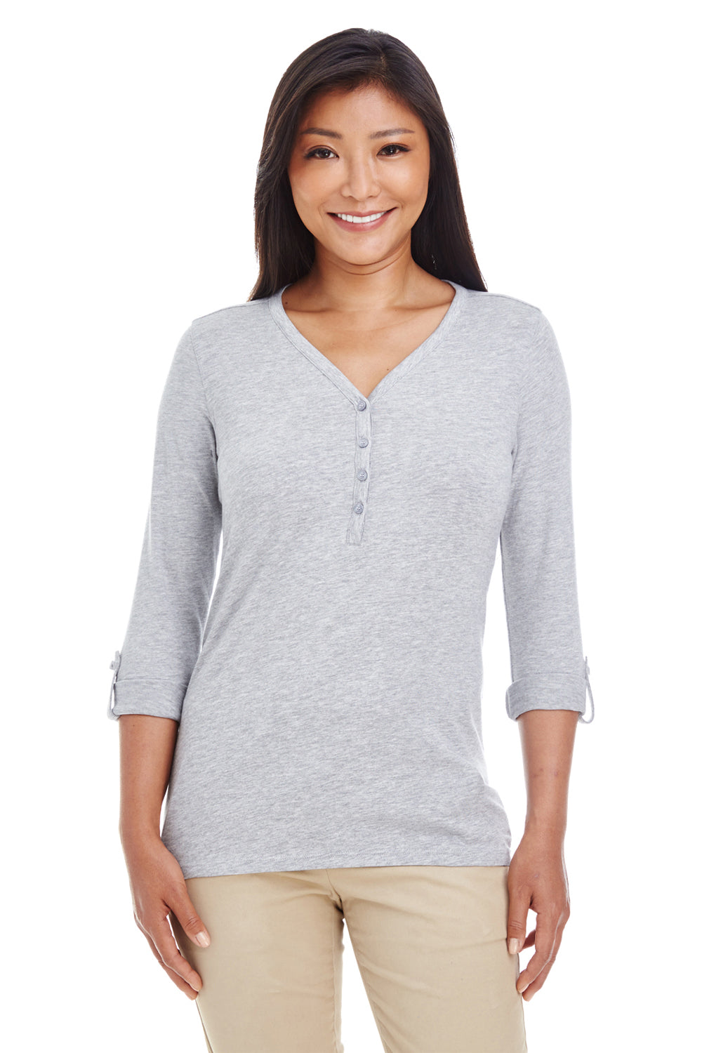 Devon & Jones DP186W Womens Perfect Fit Long Sleeve V-Neck T-Shirt Heather Grey Front