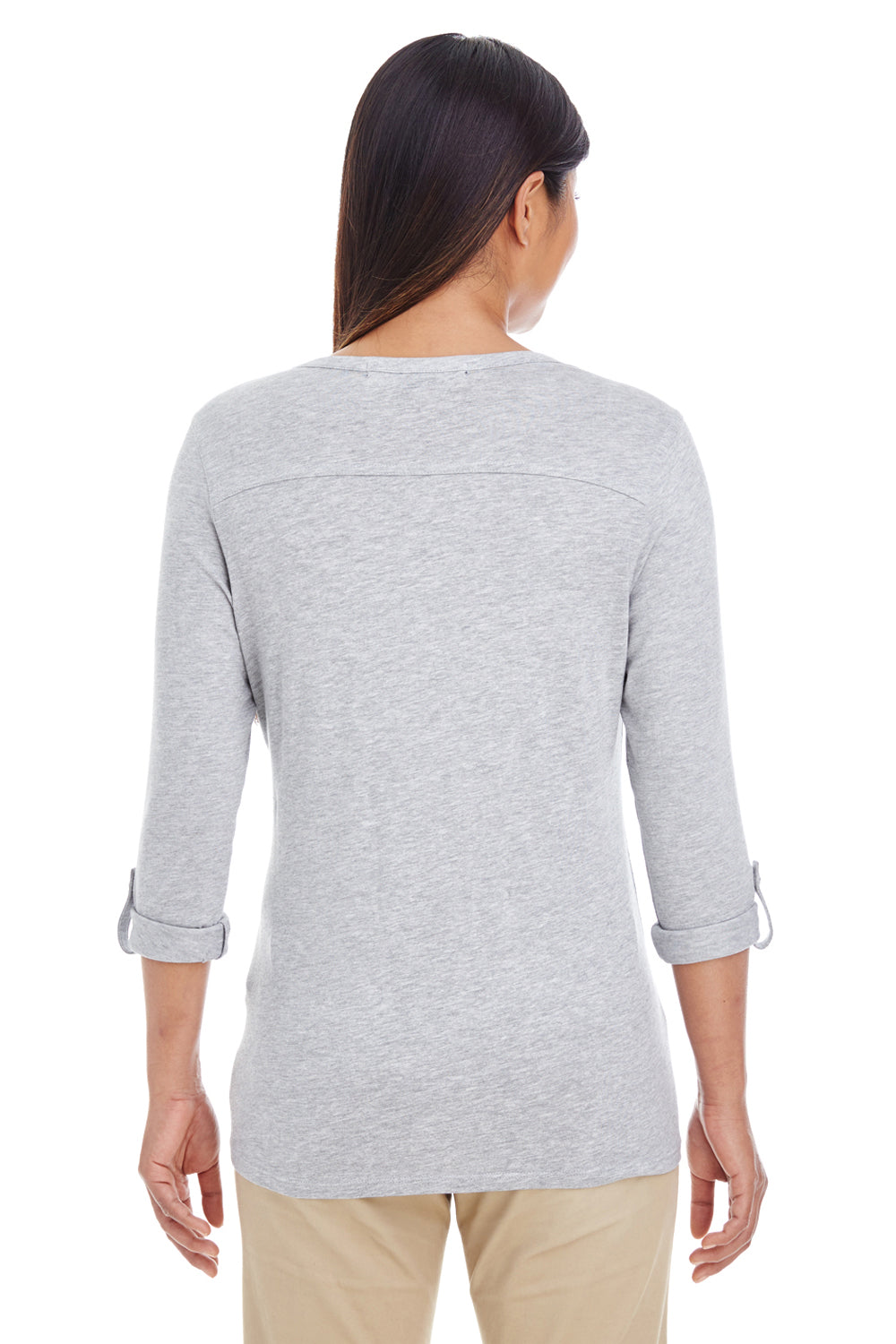 Devon & Jones DP186W Womens Perfect Fit Long Sleeve V-Neck T-Shirt Heather Grey Back