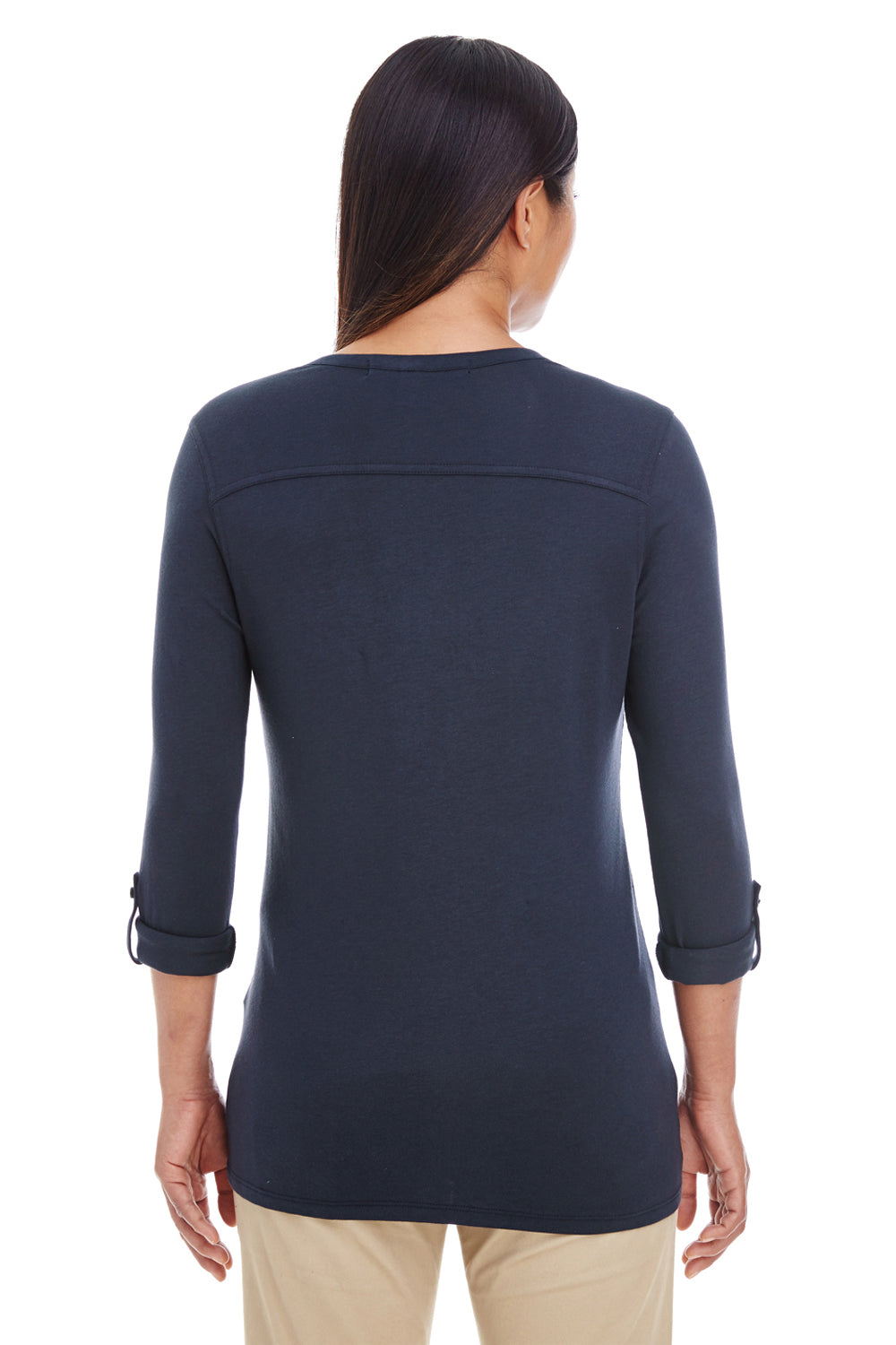 Devon & Jones DP186W Womens Perfect Fit Long Sleeve V-Neck T-Shirt Navy Blue Back