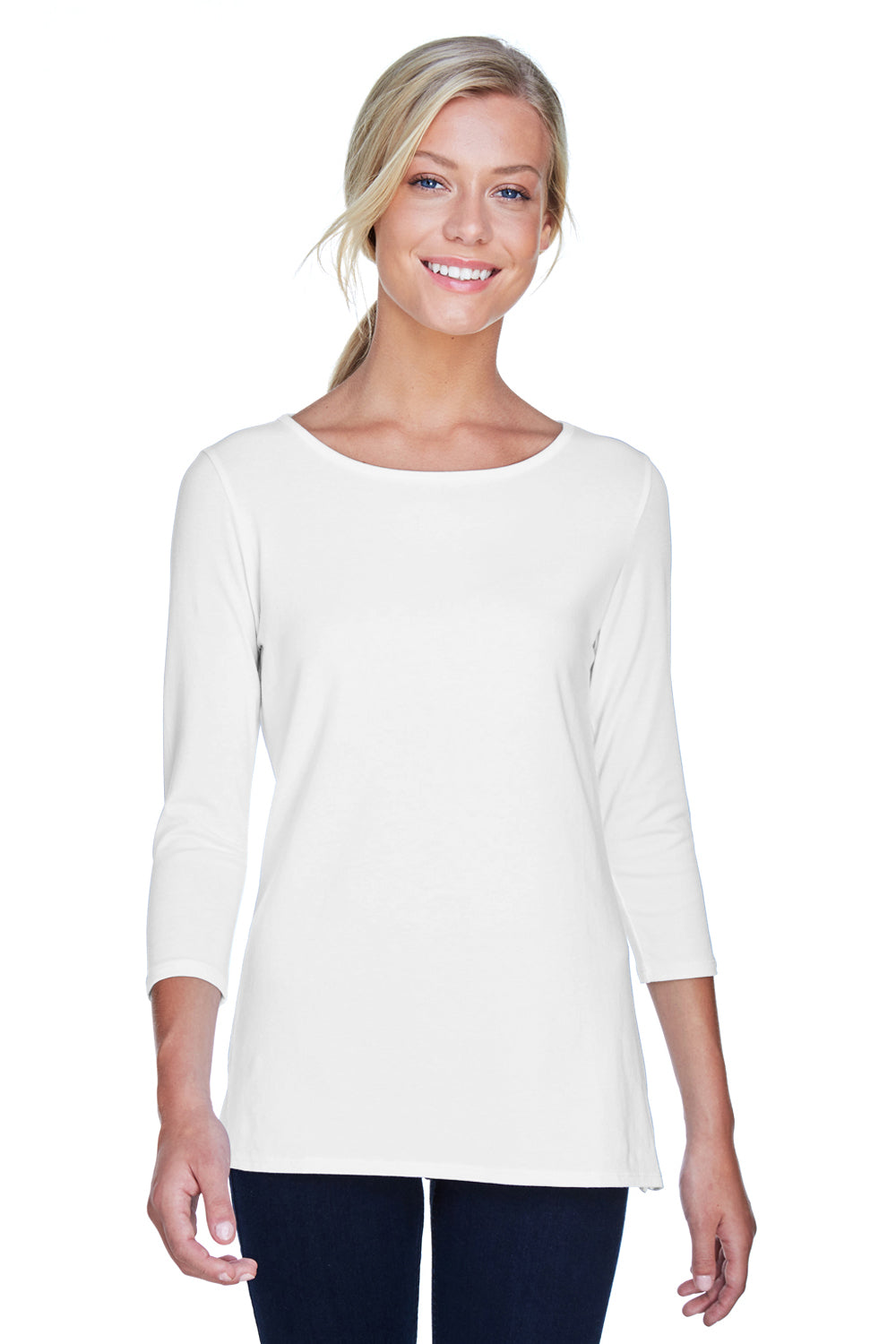 Devon & Jones DP192W Womens Perfect Fit 3/4 Sleeve Wide Neck T-Shirt White Front
