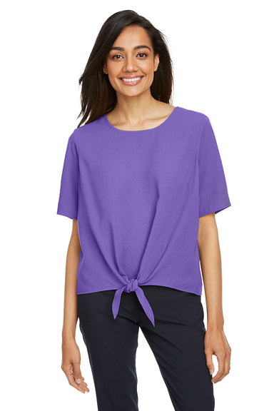 Devon & Jones DP617W Womens Perfect Fit Tie Front Short Sleeve Blouse Grape Purple Front
