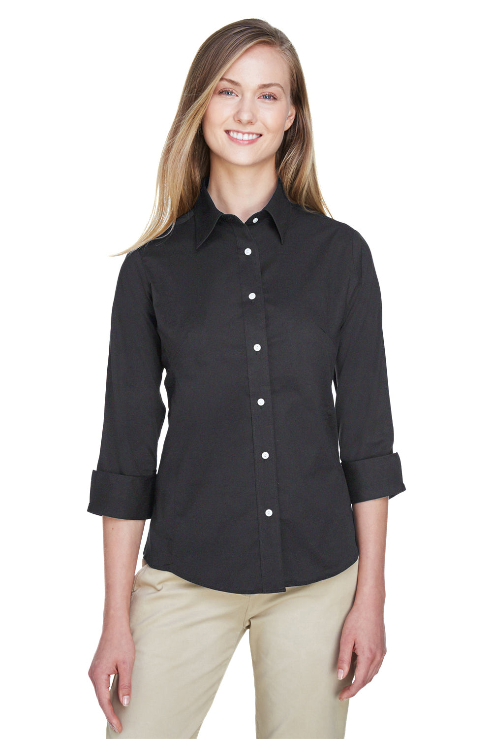 Devon & Jones DP625W Womens Perfect Fit 3/4 Sleeve Button Down Shirt Black Front