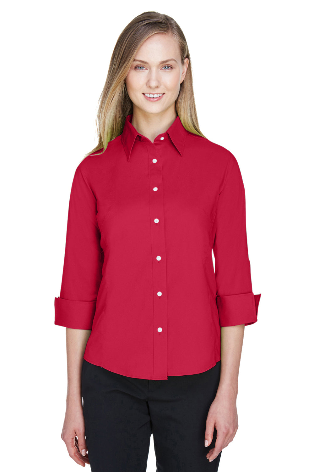 Devon & Jones DP625W Womens Perfect Fit 3/4 Sleeve Button Down Shirt Red Front