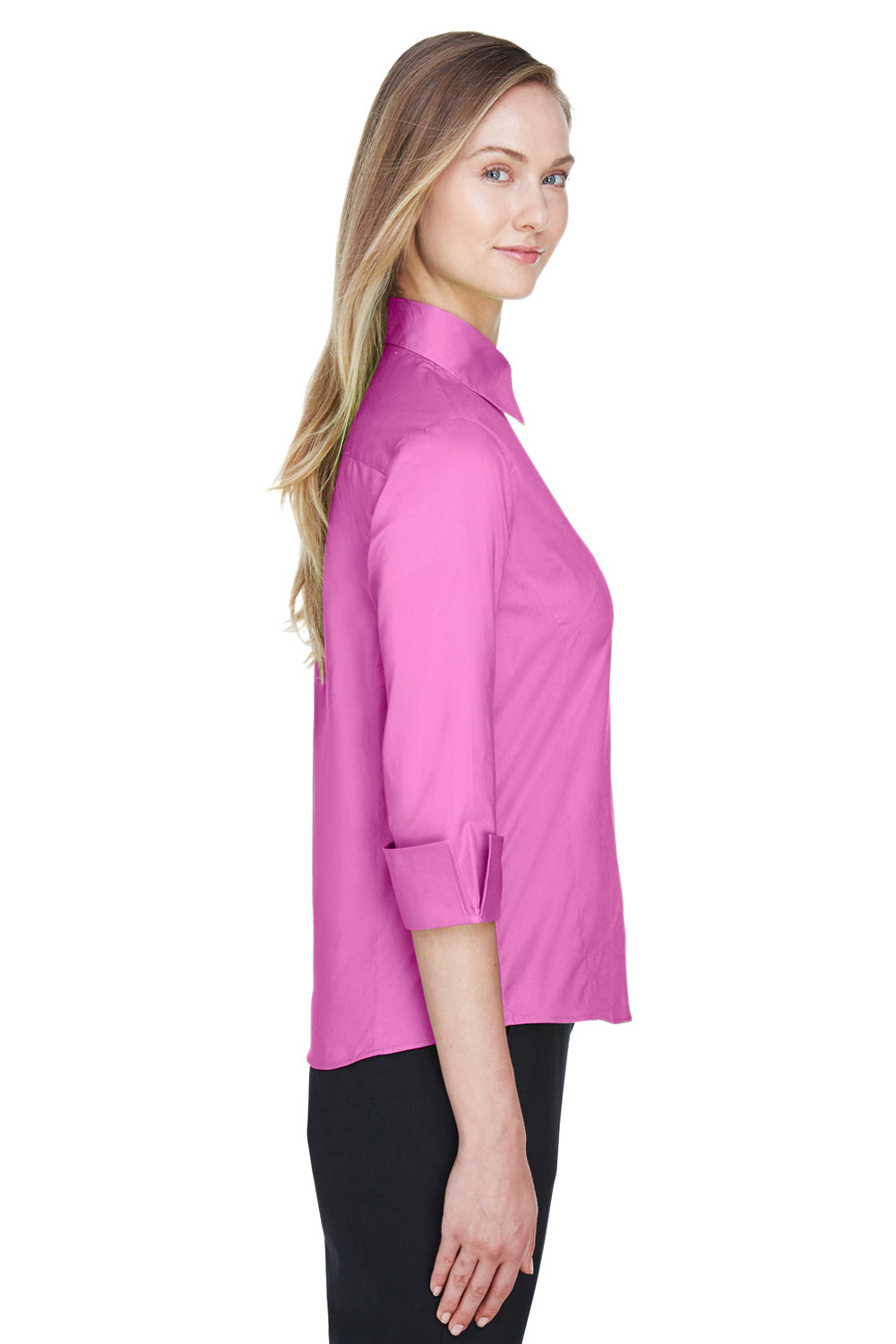 Devon & Jones DP625W Womens Perfect Fit 3/4 Sleeve Button Down Shirt Charity Pink Side