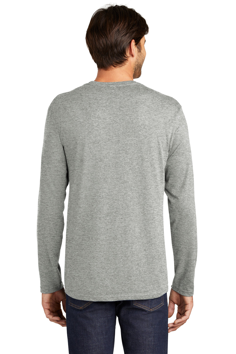 District DT105 Mens Perfect Weight Long Sleeve Crewneck T-Shirt Heather Steel Grey Back