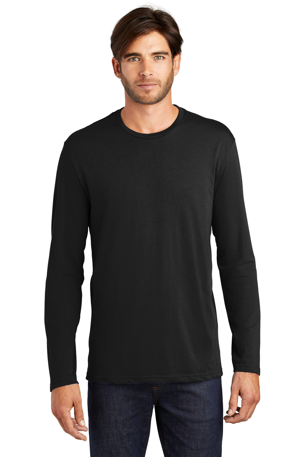 District DT105 Mens Perfect Weight Long Sleeve Crewneck T-Shirt Black Front