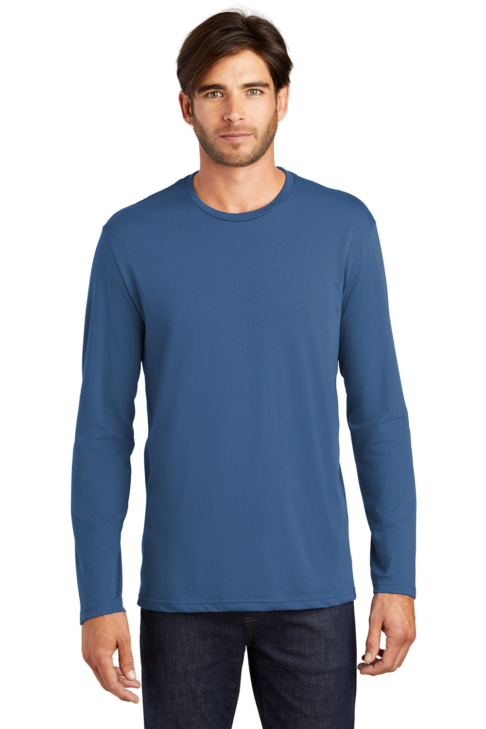 District DT105 Mens Perfect Weight Long Sleeve Crewneck T-Shirt Maritime Blue Front