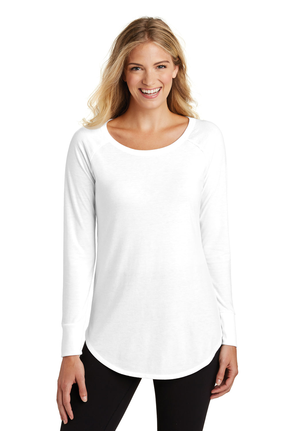 District DT132L Womens Perfect Tri Long Sleeve Crewneck T-Shirt White Front