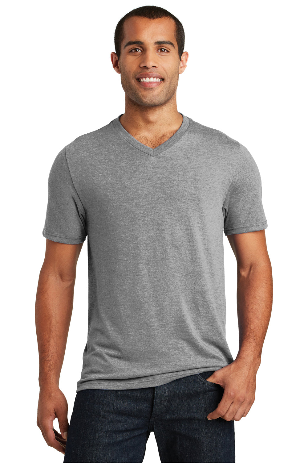 District DT1350 Mens Perfect Tri Short Sleeve V-Neck T-Shirt Grey Frost Front