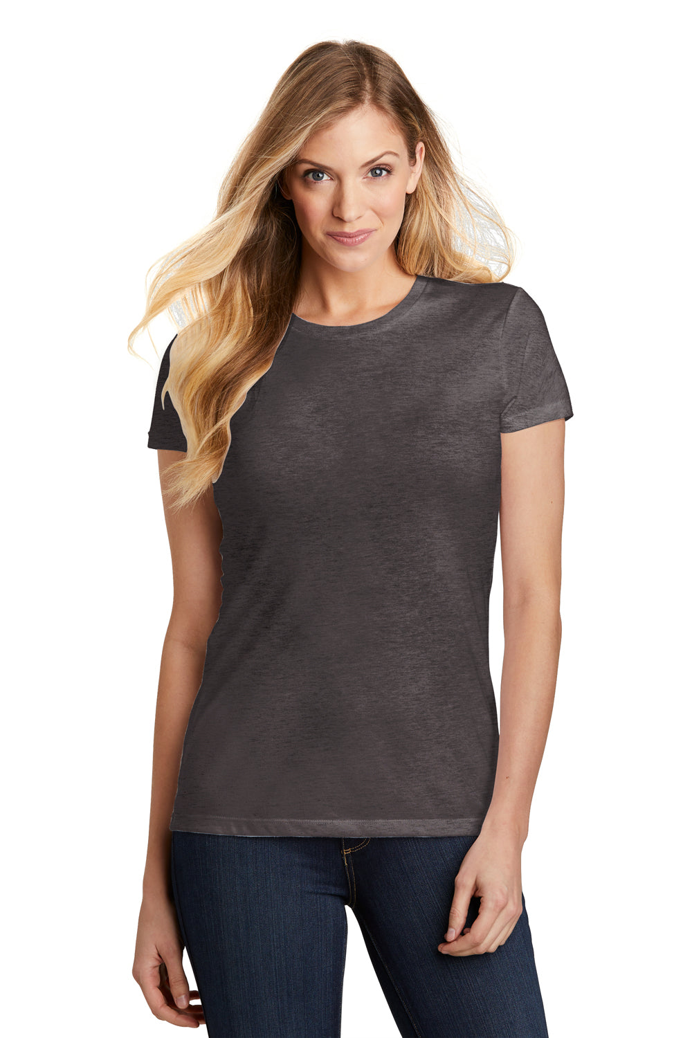 District DT155 Womens Fitted Perfect Tri Short Sleeve Crewneck T-Shirt Charcoal Grey Front