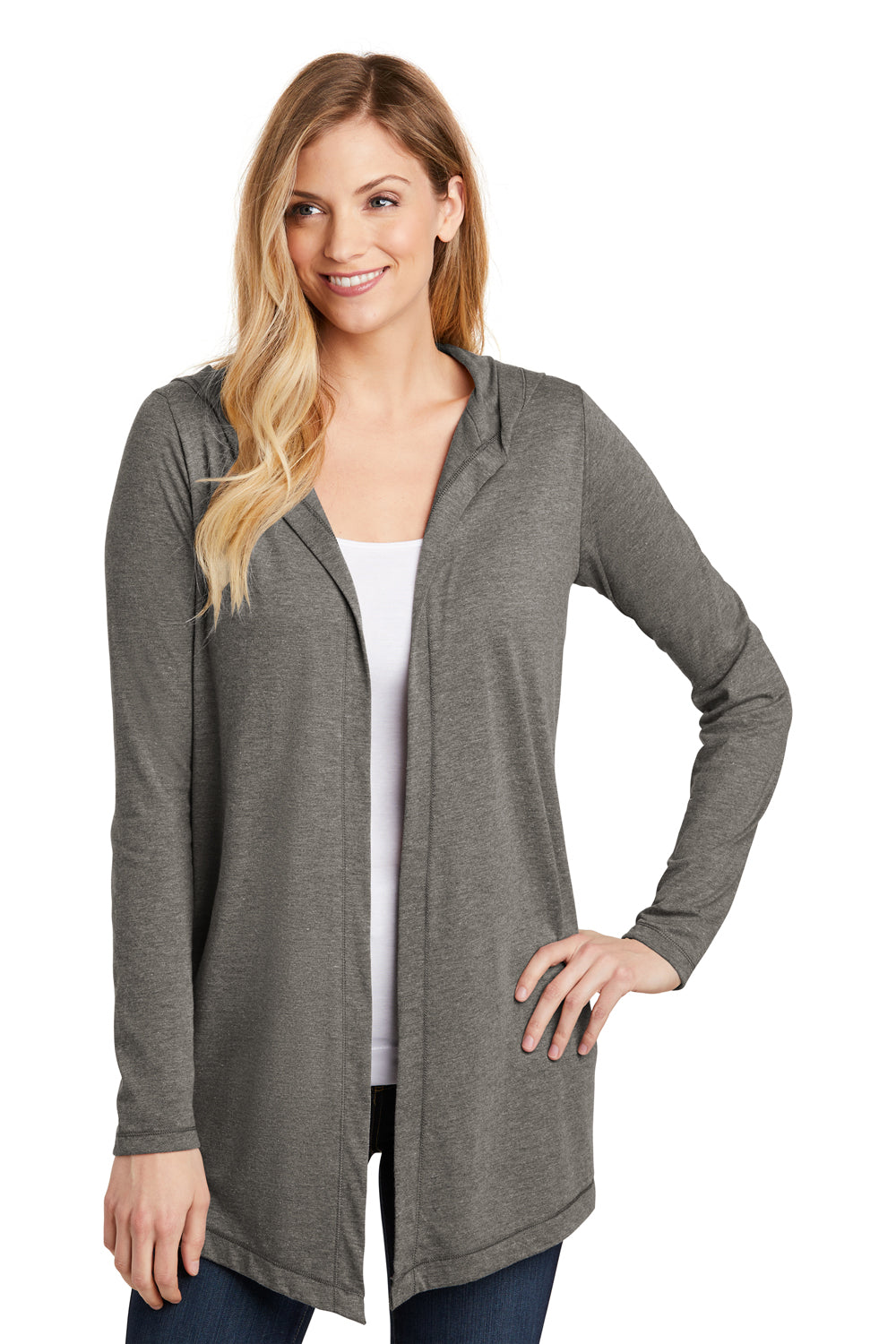 District DT156 Womens Perfect Tri Hooded Cardigan Sweater Grey Front