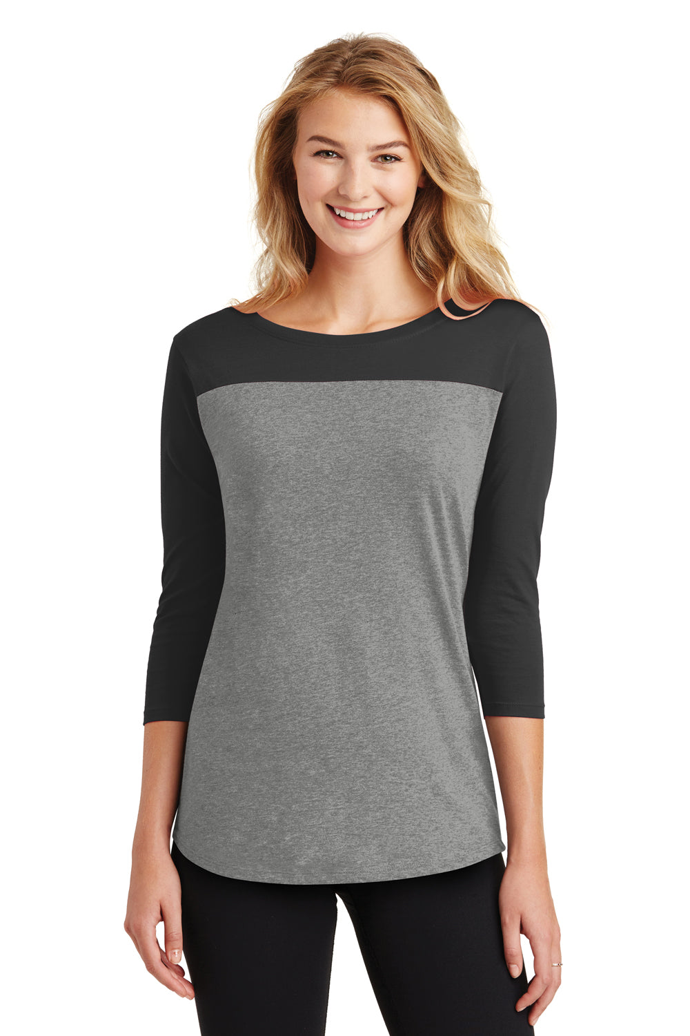 District DT2700 Womens Rally 3/4 Sleeve Wide Neck T-Shirt Heather Grey/Black Front