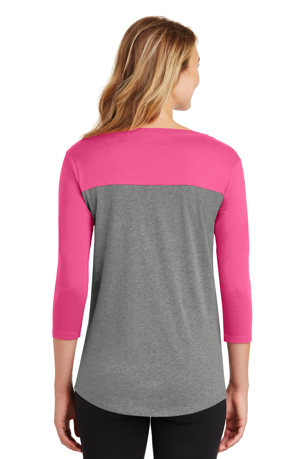District DT2700 Womens Rally 3/4 Sleeve Wide Neck T-Shirt Heather Grey/Pink Back