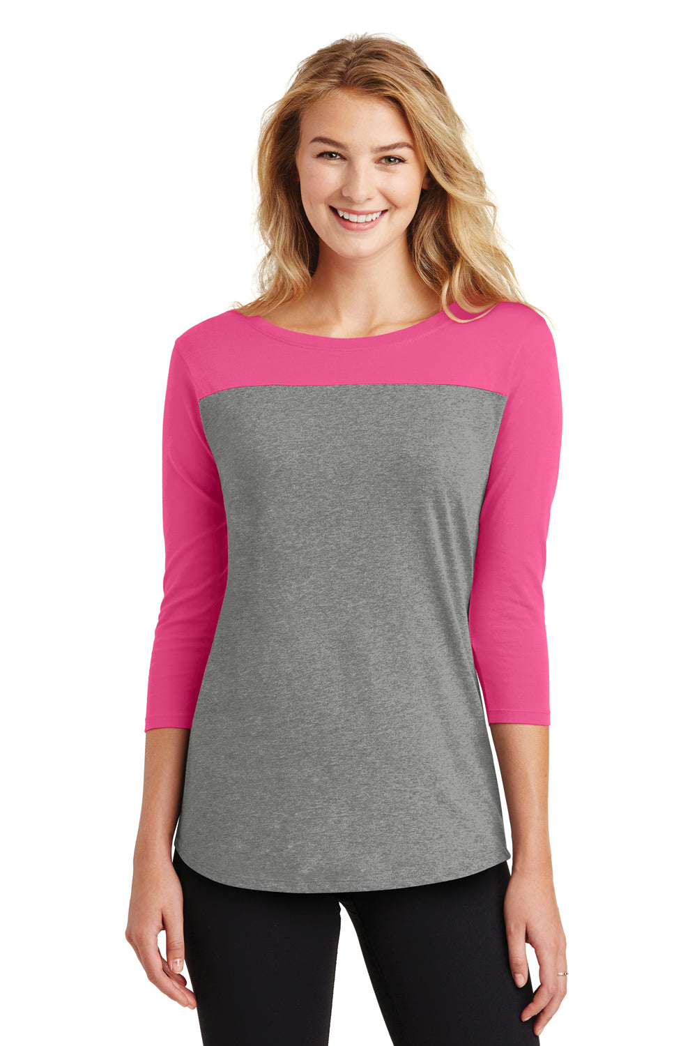 District DT2700 Womens Rally 3/4 Sleeve Wide Neck T-Shirt Heather Grey/Pink Front