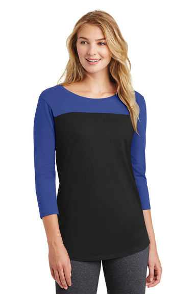 District DT2700 Womens Rally 3/4 Sleeve Wide Neck T-Shirt Black/Royal Blue Front