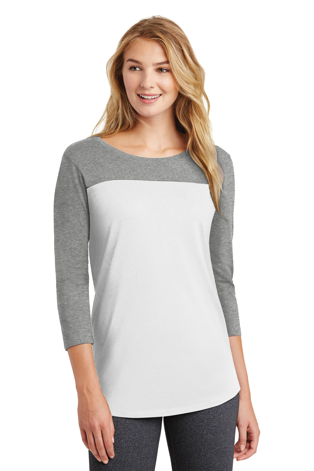 District DT2700 Womens Rally 3/4 Sleeve Wide Neck T-Shirt White/Grey Front