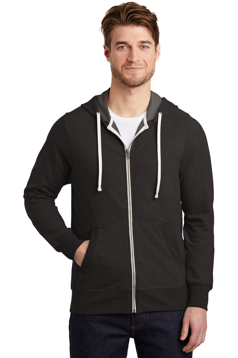 District DT356 Mens Perfect French Terry Full Zip Hooded Sweatshirt Hoodie Black Front