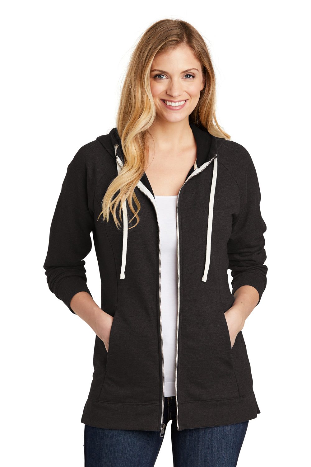 District DT456 Womens Perfect French Terry Full Zip Hooded Sweatshirt Hoodie Black Front