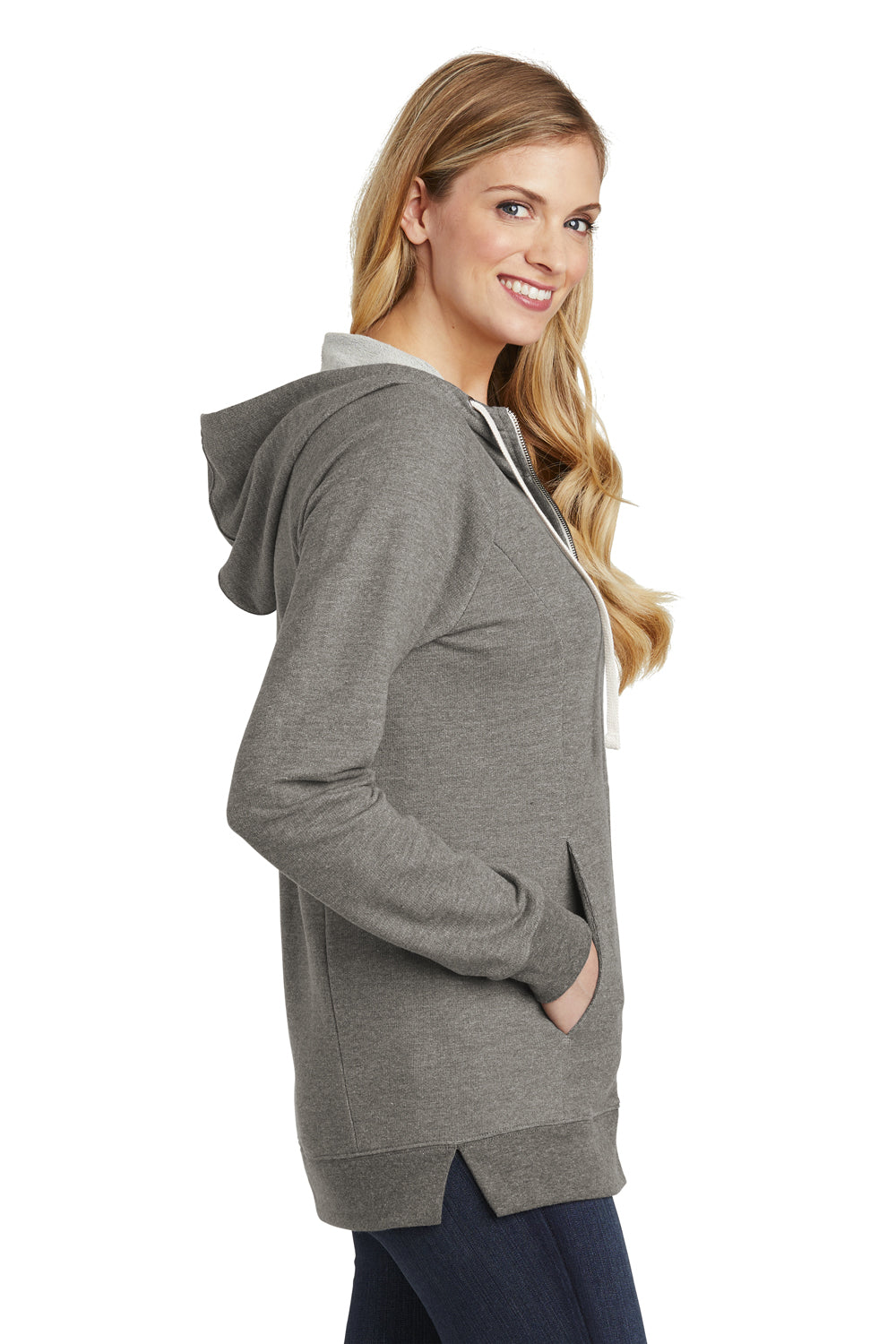 District DT456 Womens Perfect French Terry Full Zip Hooded Sweatshirt Hoodie Grey Side