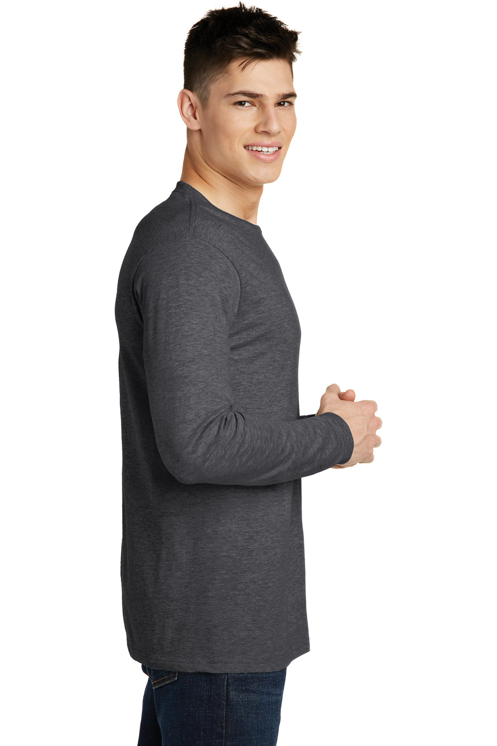 District DT6200 Mens Very Important Long Sleeve Crewneck T-Shirt Heather Charcoal Grey Side