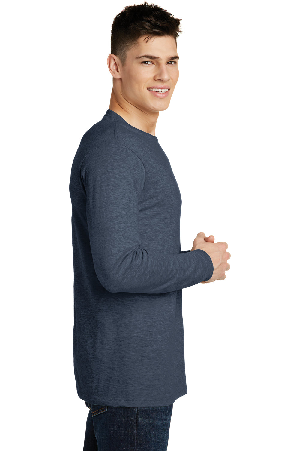 District DT6200 Mens Very Important Long Sleeve Crewneck T-Shirt Heather Navy Blue Side