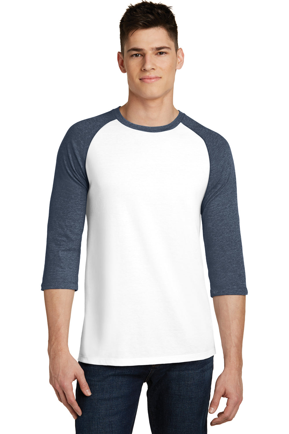 District DT6210 Mens Very Important 3/4 Sleeve Crewneck T-Shirt White/Heather Navy Blue Front