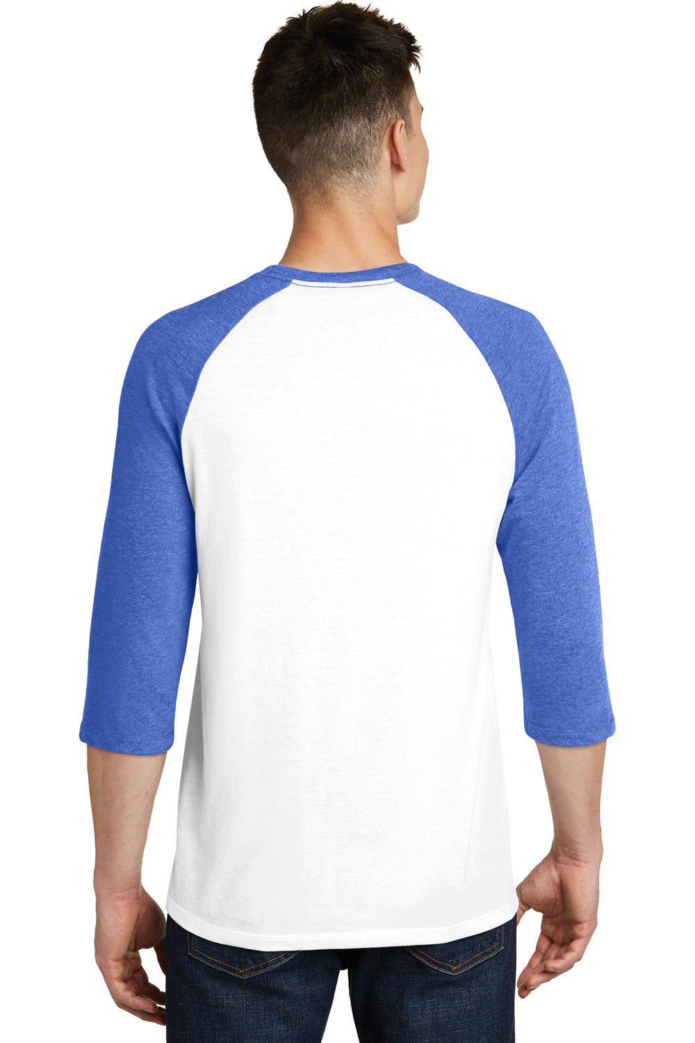 District DT6210 Mens Very Important 3/4 Sleeve Crewneck T-Shirt White/Heather Royal Blue Back