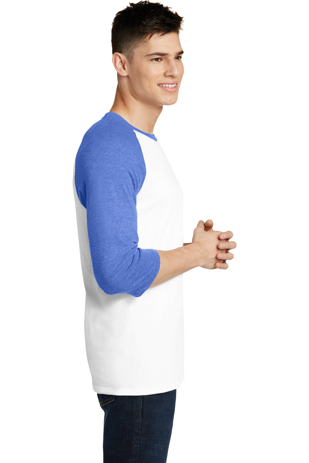 District DT6210 Mens Very Important 3/4 Sleeve Crewneck T-Shirt White/Heather Royal Blue Side