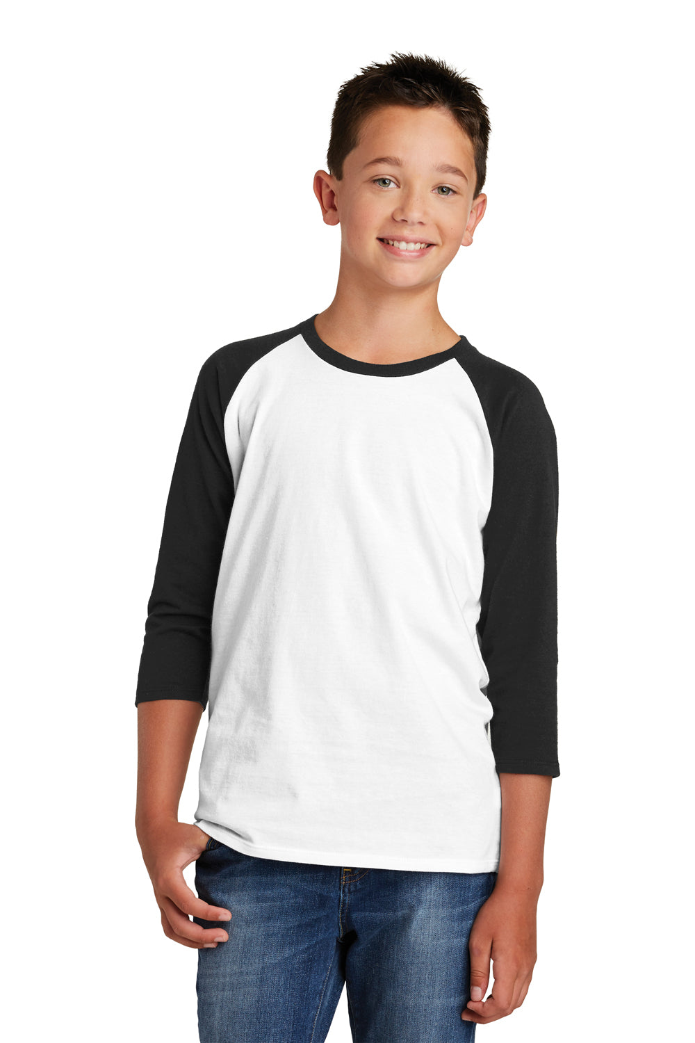 District DT6210Y Youth Very Important 3/4 Sleeve Crewneck T-Shirt White/Black Front