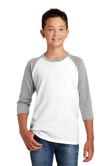 District DT6210Y Youth Very Important 3/4 Sleeve Crewneck T-Shirt White/Heather Light Grey Front