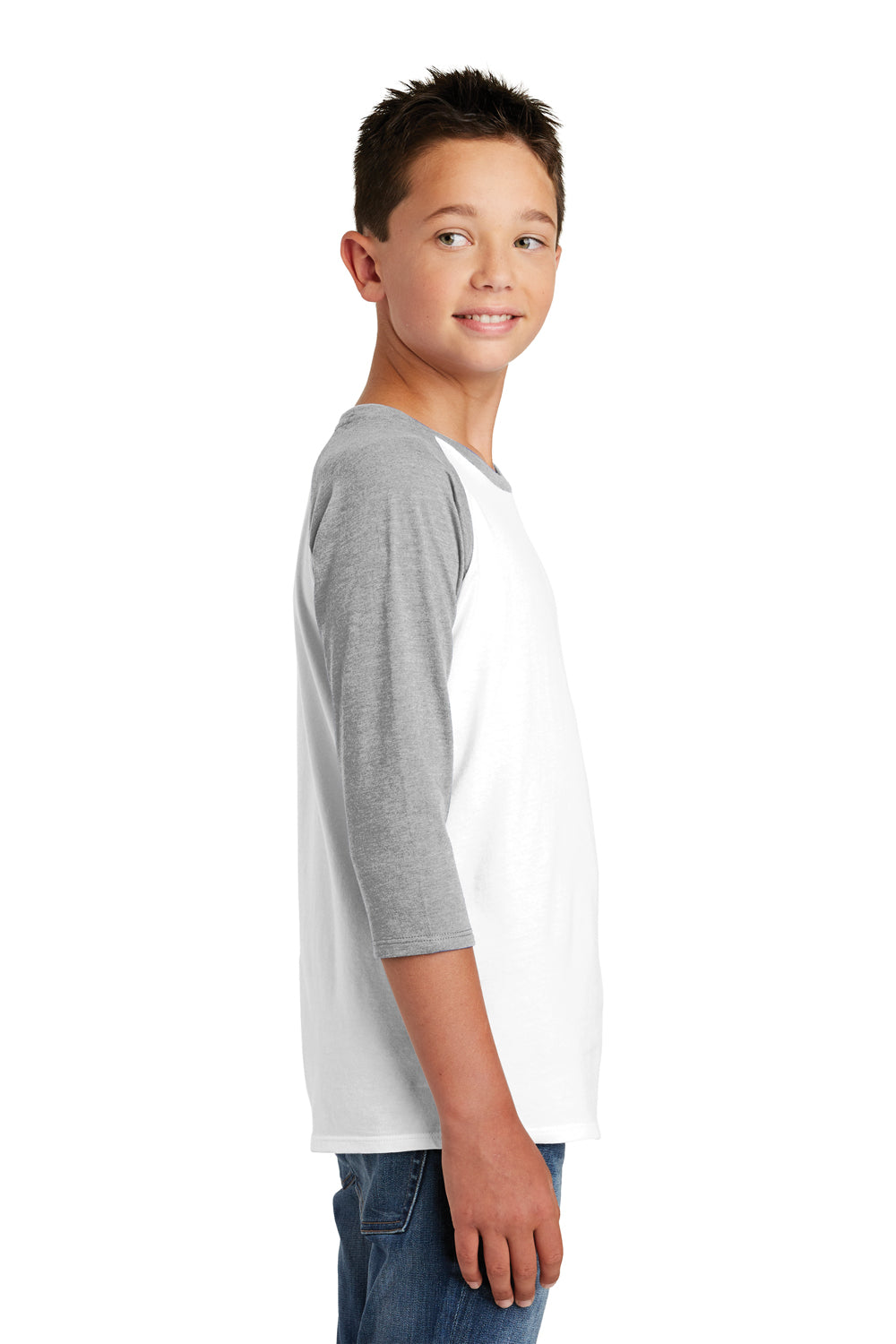 District DT6210Y Youth Very Important 3/4 Sleeve Crewneck T-Shirt White/Heather Light Grey Side