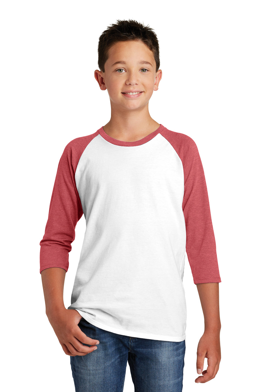 District DT6210Y Youth Very Important 3/4 Sleeve Crewneck T-Shirt White/Heather Red Front