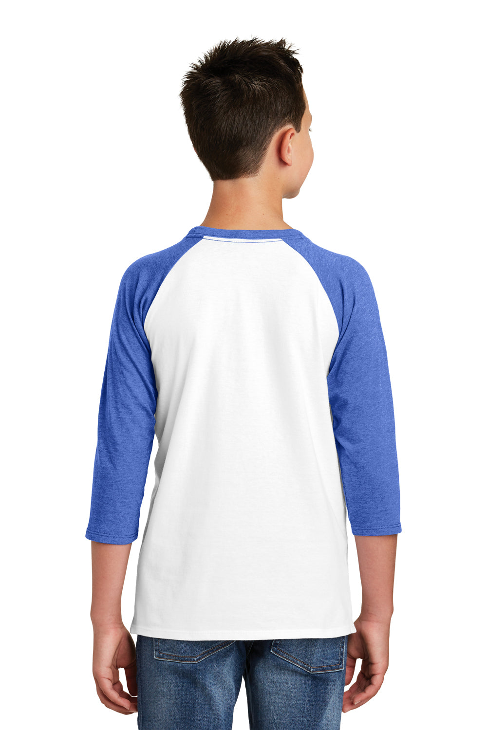 District DT6210Y Youth Very Important 3/4 Sleeve Crewneck T-Shirt White/Heather Royal Blue Back