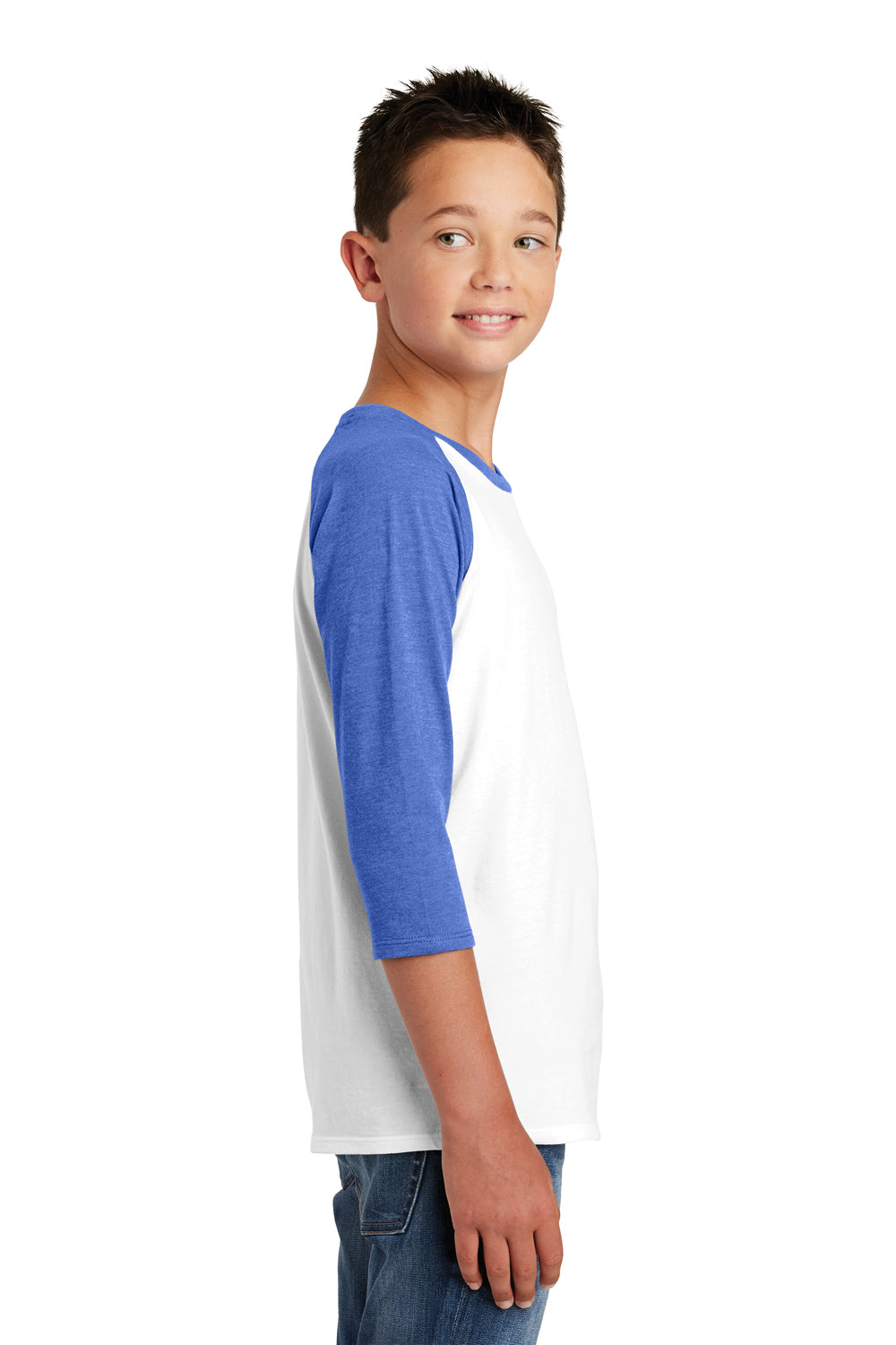 District DT6210Y Youth Very Important 3/4 Sleeve Crewneck T-Shirt White/Heather Royal Blue Side