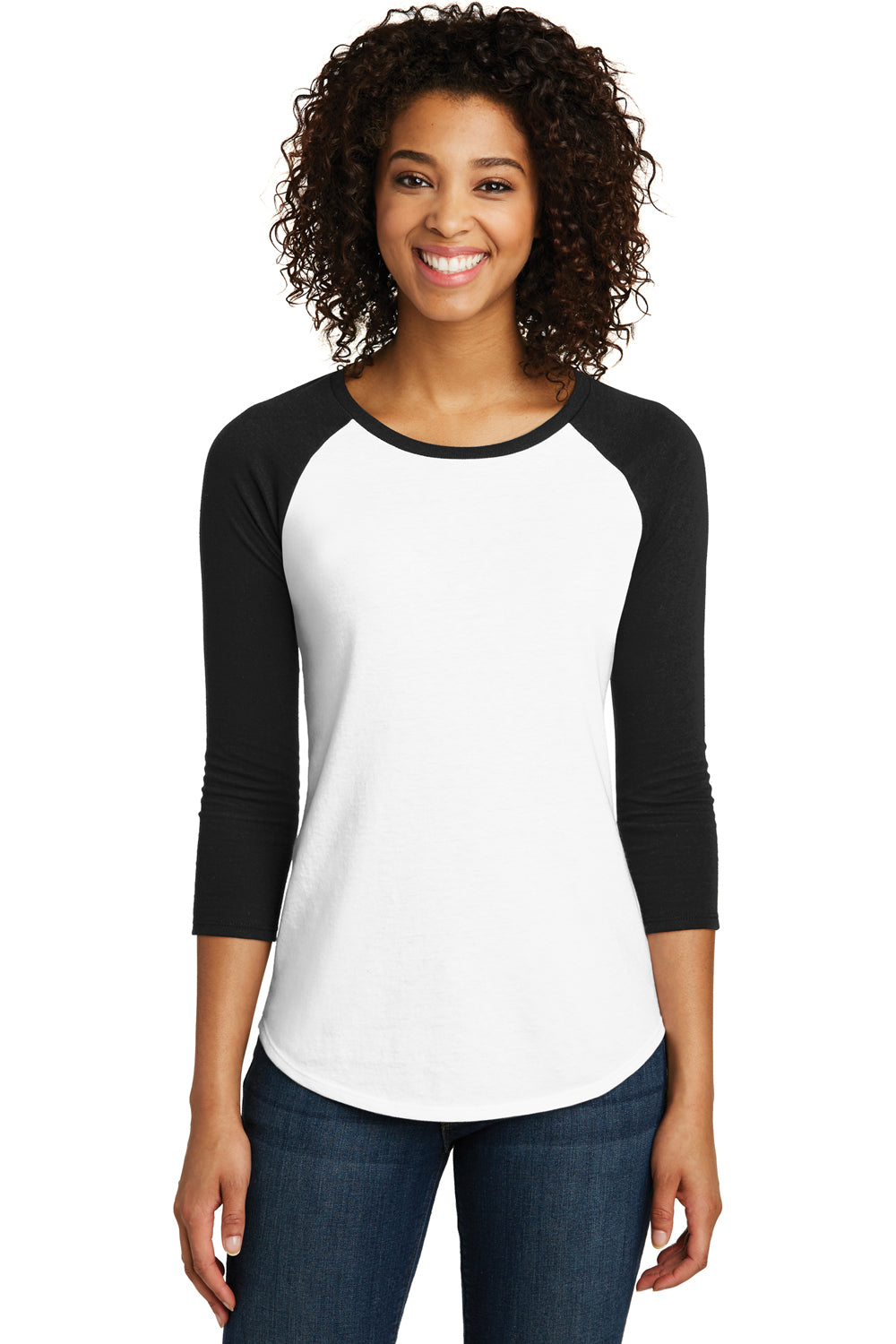 District DT6211 Womens Very Important 3/4 Sleeve Crewneck T-Shirt White/Black Front