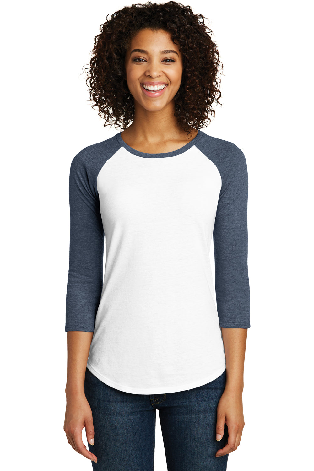 District DT6211 Womens Very Important 3/4 Sleeve Crewneck T-Shirt White/Heather Navy Blue Front