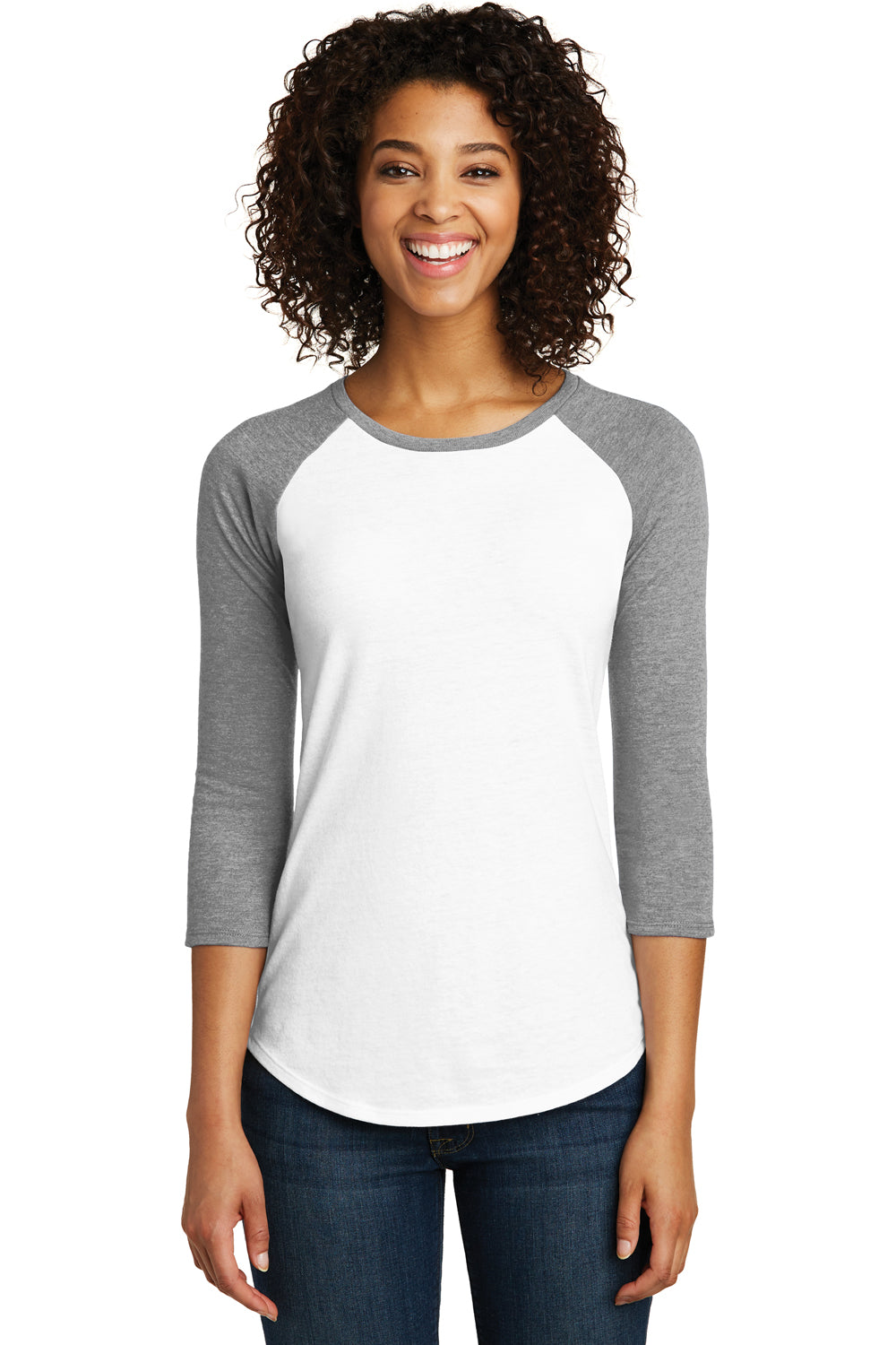 District DT6211 Womens Very Important 3/4 Sleeve Crewneck T-Shirt White/Heather Light Grey Front