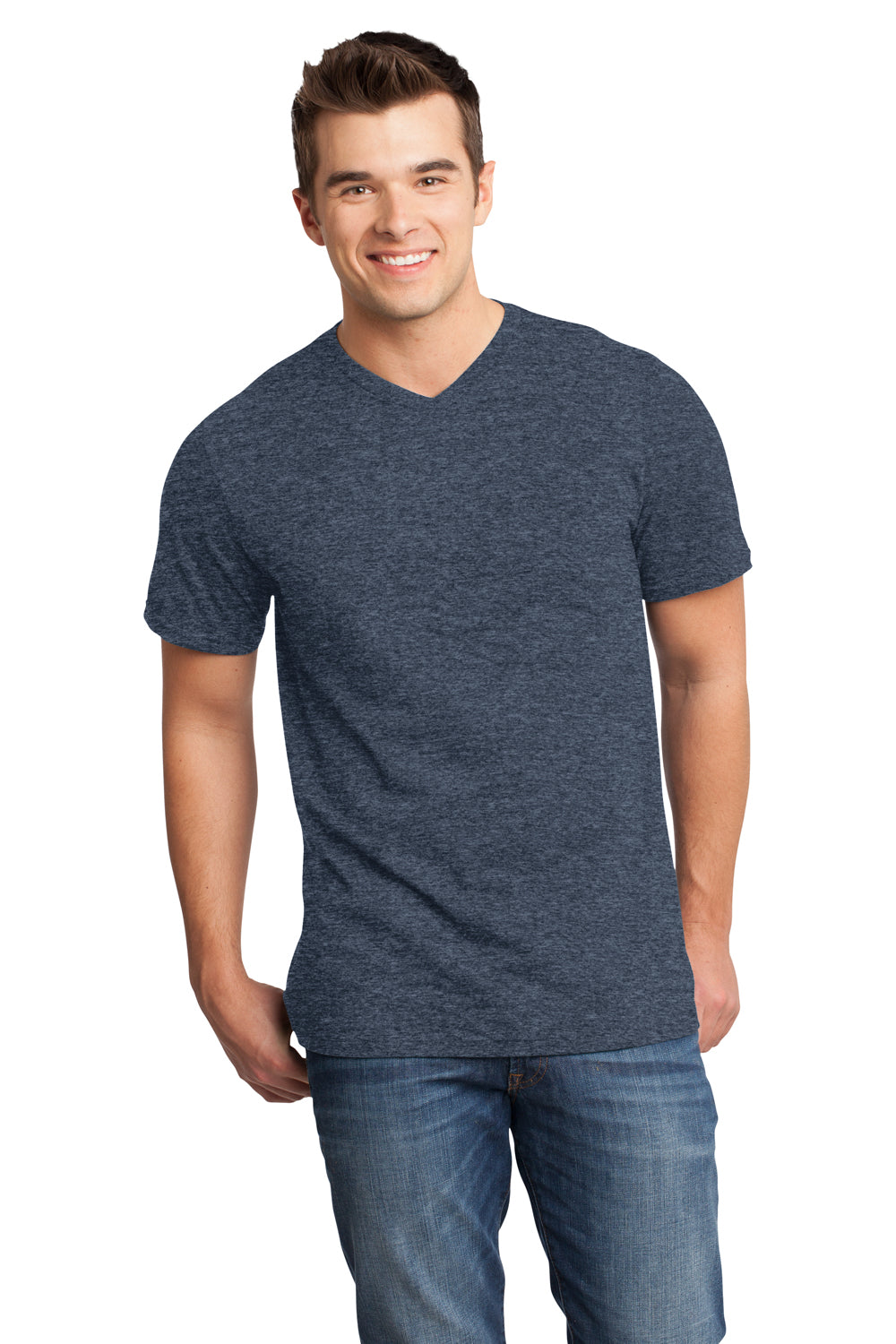 District DT6500 Mens Very Important Short Sleeve V-Neck T-Shirt Heather Navy Blue Front