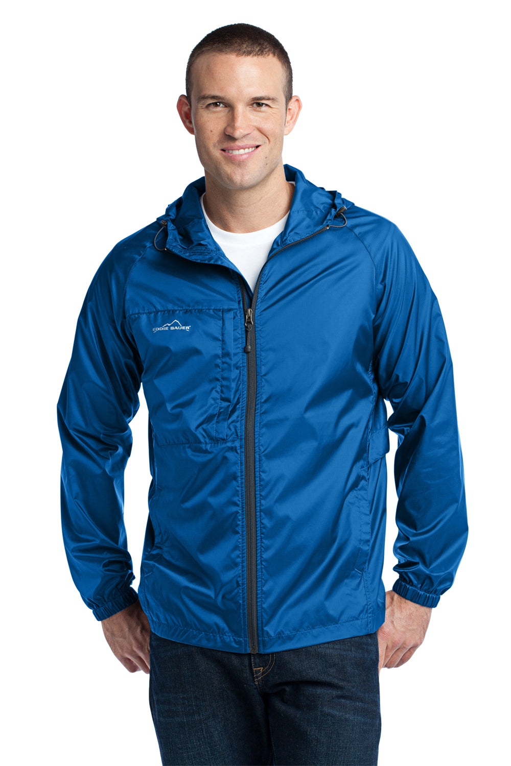 Eddie Bauer EB500 Mens Packable Wind Resistant Full Zip Hooded Wind Jacket Brilliant Blue Front