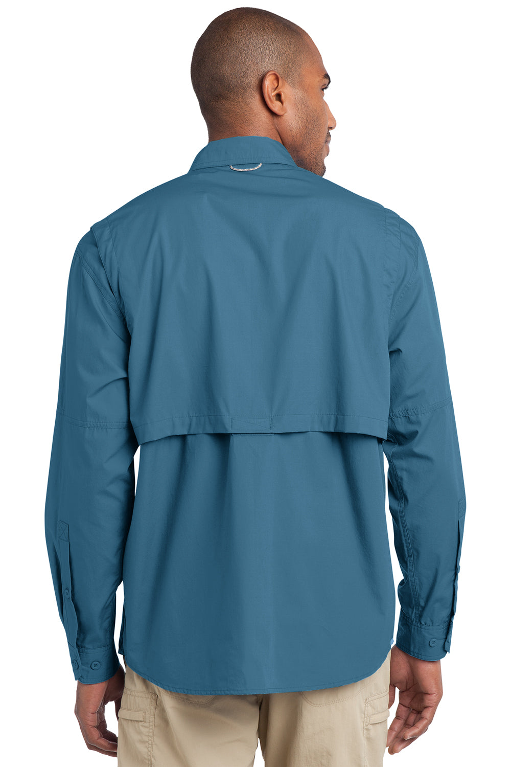 Eddie Bauer EB606 Mens Fishing Long Sleeve Button Down Shirt w/ Double Pockets Blue Gill Back
