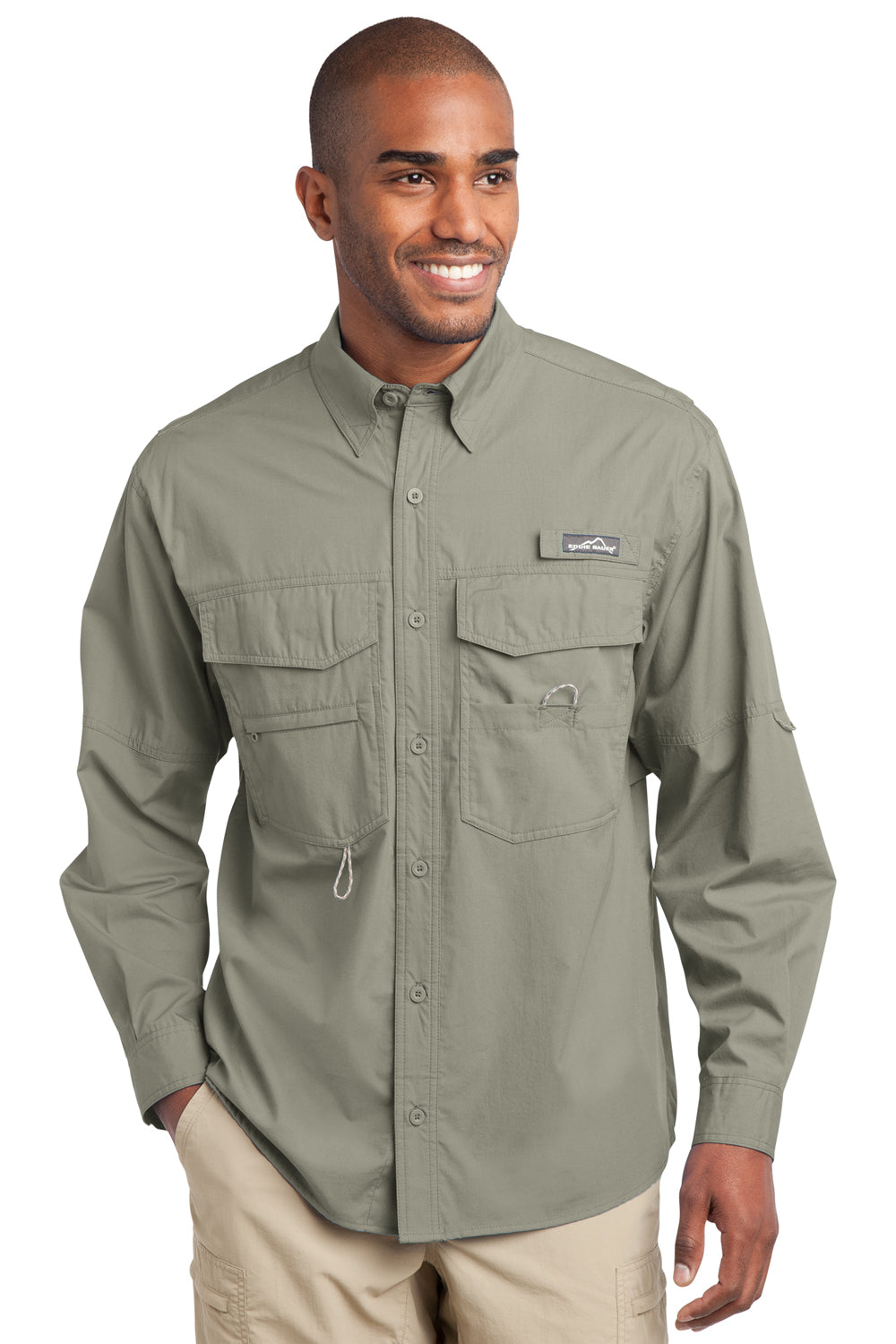 Eddie Bauer EB606 Mens Fishing Long Sleeve Button Down Shirt w/ Double Pockets Driftwood Front