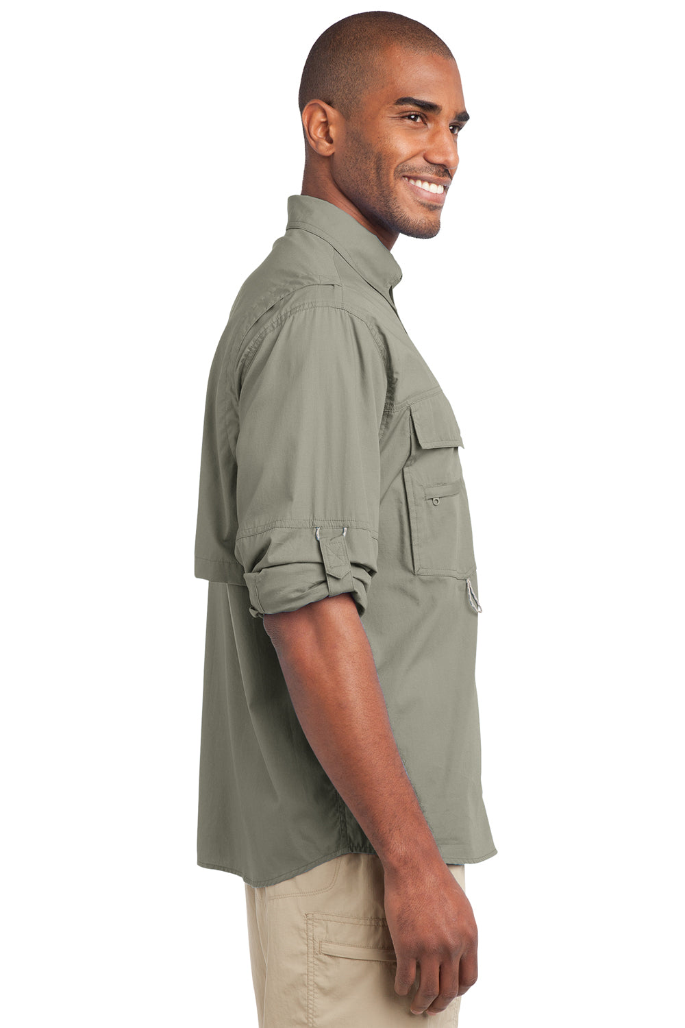 Eddie Bauer EB606 Mens Fishing Long Sleeve Button Down Shirt w/ Double Pockets Driftwood Side