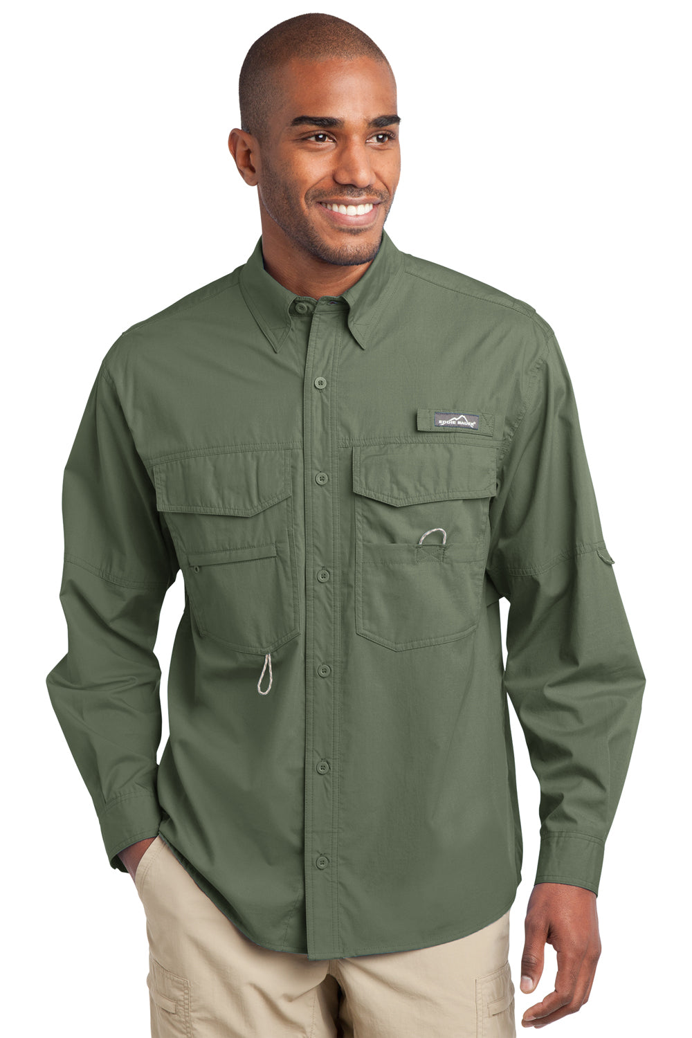Eddie Bauer EB606 Mens Seagrass Green Fishing Long Sleeve Button Down Shirt  w/ Double Pockets —