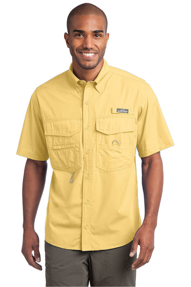 Eddie Bauer EB608 Mens Fishing Short Sleeve Button Down Shirt w/ Double Pockets Goldenrod Yellow Front