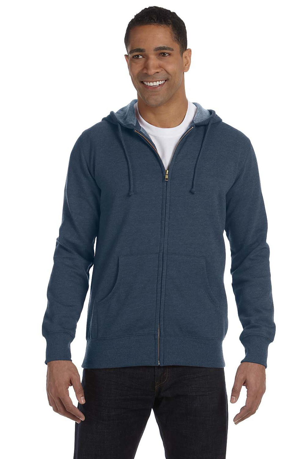 Econscious EC5680 Mens Heathered Fleece Full Zip Hooded Sweatshirt Hoodie Water Blue Front