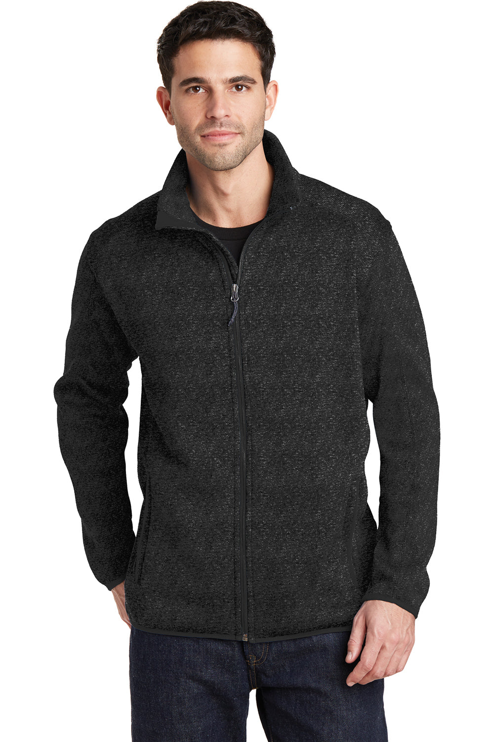 Port Authority F232 Mens Full Zip Sweater Fleece Jacket Heather Black Front